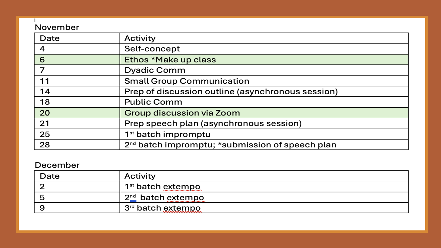 schedule for the remainder of the sem